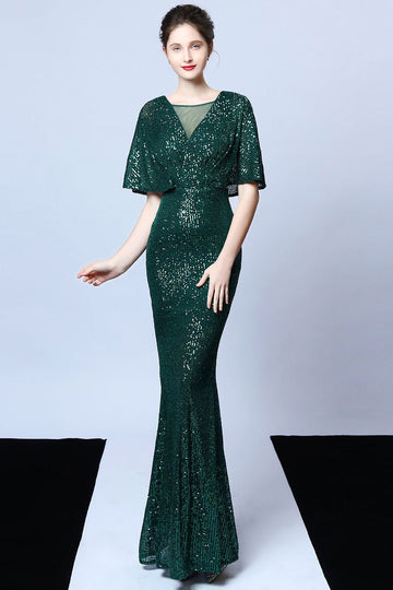 Mermaid V Neck Dark Green Sequins Long Formal Dress with Short Sleeves